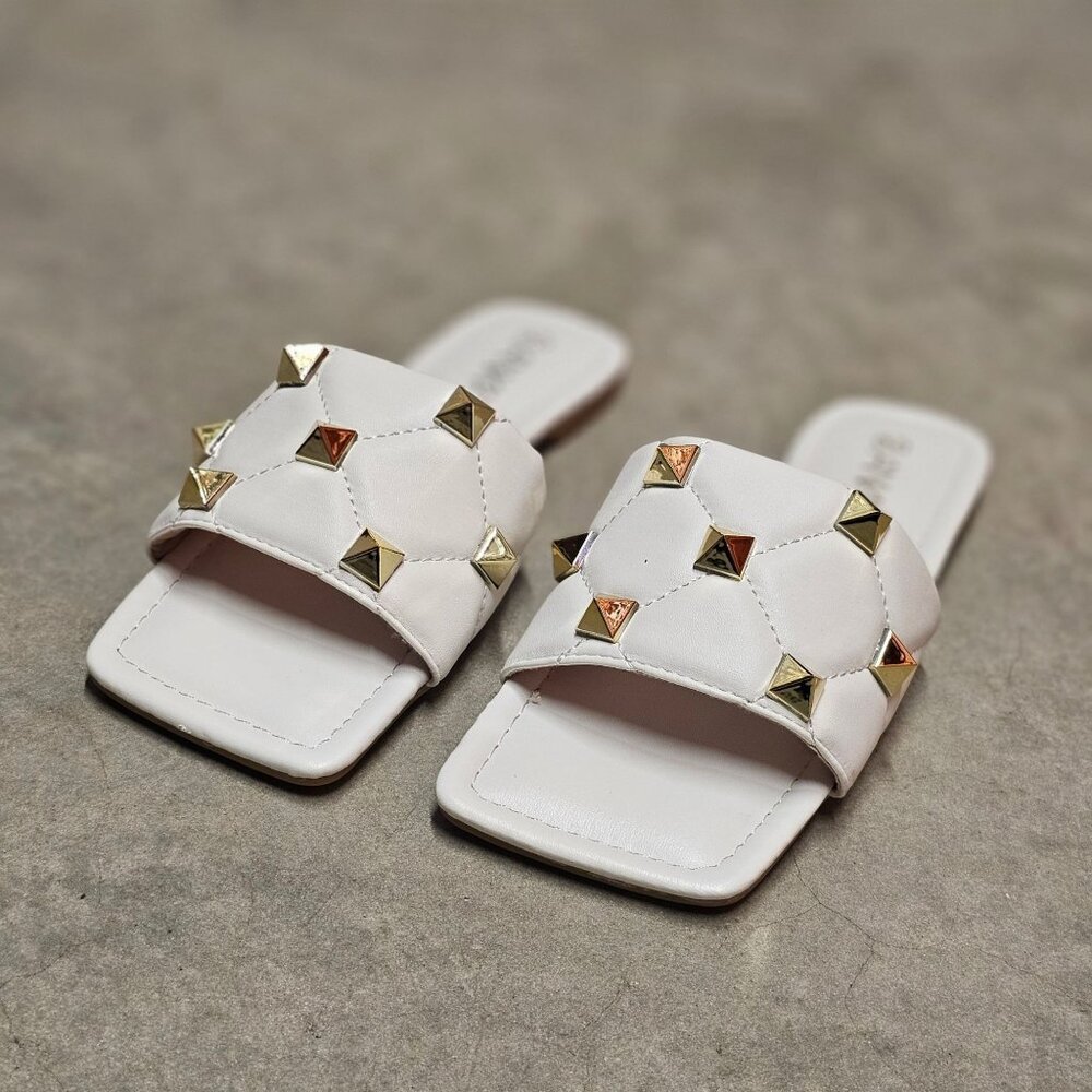 White Studded Slide Sandals With Quilted Strap Design Square Toe Womens - Picture 3 of 6